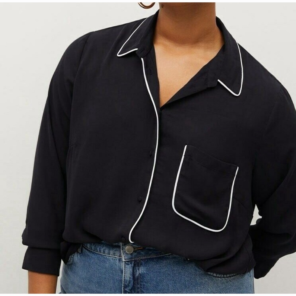 Violeta by Mango MNG Women’s Button Down Long Sleeve Black White Blouse Size 16‎